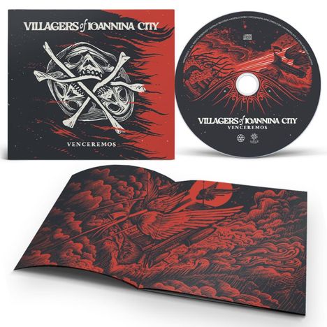 „VILLAGERS of IOANNINA CITY“, „VENCEREMOS“; Illustration von Totenköpfen und gekreuzten Knochen auf rot-schwarzem Hintergrund.