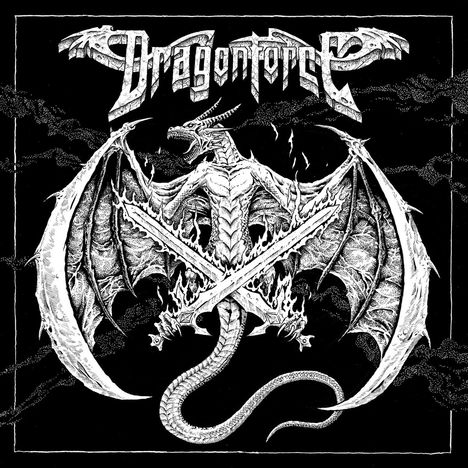 "Dragonforce" steht oben. Darunter ein detailreicher Drache mit ausgestreckten Flügeln und gekreuzten, brennenden Schwertern.