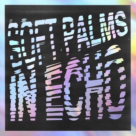 Der Text „SOFT PALMS IN ECHO“ ist verzerrt. Pastellfarben erscheinen durch schwarze Streifen hindurch.