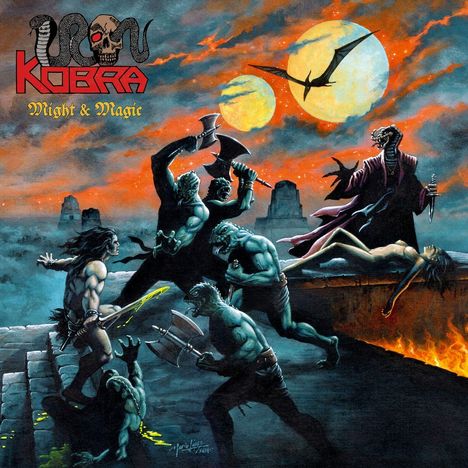 "IRON KOBRA" oben links, "Might & Magic" darunter. Eine düstere Szene mit Monstern, einem Helden und einem geflügelten Wesen.