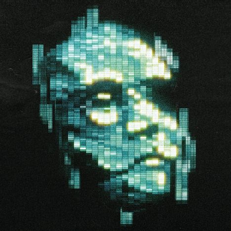 Ein digitales Porträt aus blauen und grünen Pixeln bildet ein Gesicht auf schwarzem Hintergrund.