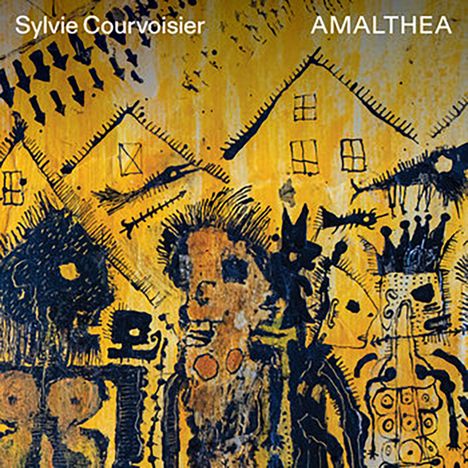 Text: „Sylvie Courvoisier AMALTHEA“. Illustration zeigt abstrakte, stilisierte Figuren und einfache Häuserskizzen auf gelbem Hintergrund.