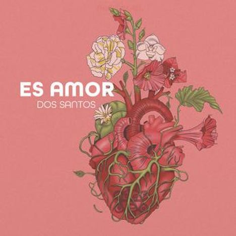 Text: "ES AMOR DOS SANTOS". Illustration eines anatomischen Herzens mit Blumen auf rosa Hintergrund.