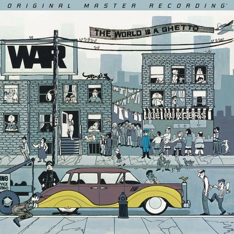 Text: „Original Master Recording“, „The World is a Ghetto“, „WAR“, „Joe Burgers“.  
Illustration von städtischer Straßenszene mit Menschen.