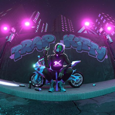 "TRAP KITTY" in Graffiti. Person in futuristischer Kleidung und Helm, neben Motorrad, vor nächtlicher Stadtkulisse.