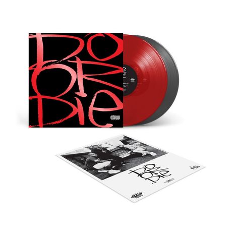 Große rote Schrift: "Do or Die". Eine rote Vinyl-Schallplatte und ein Foto von Personen kniend vor einer Treppe.