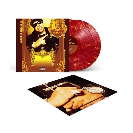 Der Text "THE PIMP IS FREE!" steht an den Seiten. Ein Cover zeigt eine Person mit Sonnenbrille. Eine rot-gelbe Vinylplatte.