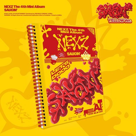 "NEXZ The 4th Mini Album SAUCIN'. Let's DooD. Sack Megaton Size. Out of This World. Fat Mystery Flavor." Verspieltes Design.