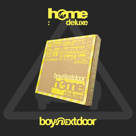 "home deluxe" oben, ein Fragezeichen auf gelbem Quadrat in der Mitte, "boy next door" unten. Grauer Hintergrund.