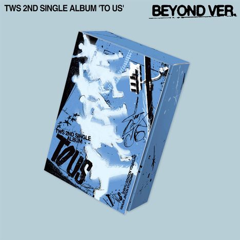 "TWS 2ND SINGLE ALBUM 'TO US', BEYOND VER., blaue Verpackung mit Silhouetten und künstlerischen Elementen."