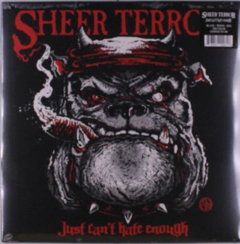 „SHEER TERROR“ und „Just can’t hate enough“ in rot. Illustration eines grimmig aussehenden Hundes mit Zigarre.