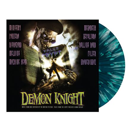 "Demon Knight" steht groß unten, darüber ein Skelett mit Hut, offene Hände haltend ein beleuchtetes Buch mit der Aufschrift "Tales from the Crypt". Oben links und rechts sind Bandnamen aufgelistet.