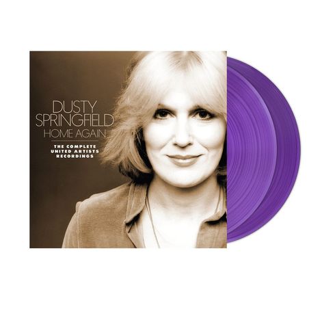 Text: "Dusty Springfield Home Again. The Complete United Artists Recordings." Sepia-Fotoporträt und zwei violette Schallplatten.
