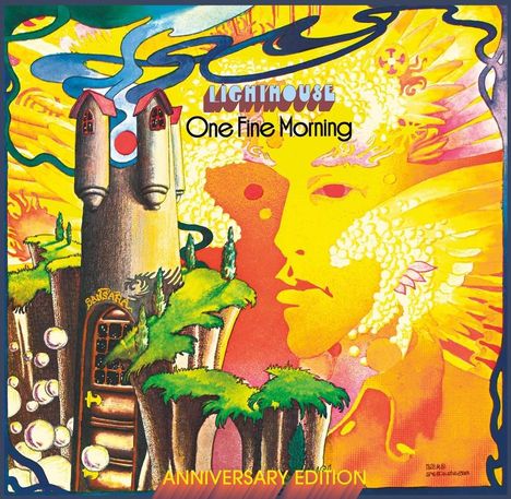 Text: "LIGHTHOUSE One Fine Morning ANNIVERSARY EDITION." Fantasievolle Illustration mit Türmen und einem Gesicht im Hintergrund.
