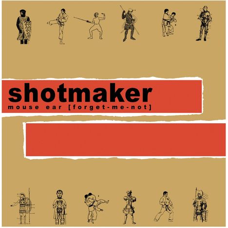 „shotmaker mouse ear [forget-me-not]“, rote und beigen Hintergrund, kleine Figuren in Rüstung und Kampfposen.