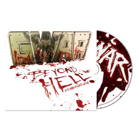 3D-Text "GWAR" mit Blut, darunter "BEYOND HELL" und "20th Anniversary Edition". Eine CD mit blutigem Design.