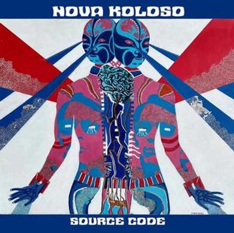 Oben "NOVA KOLOSO", unten "SOURCE CODE". Eine farbenfrohe, abstrakte Illustration von zwei verschmolzenen Figuren.