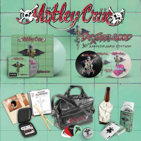 Mötley Crüe: Dr. Feelgood (30th Anniversary Edition) (Leatherette Bag &amp; Green LP), 1 LP, 1 CD, 3 Singles 7" und 2 Merchandise