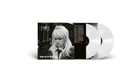 Duffy, Rockferry. Schwarz-weiß Cover mit nachdenklich blickender Frau und zwei weißen Vinyl-Schallplatten.