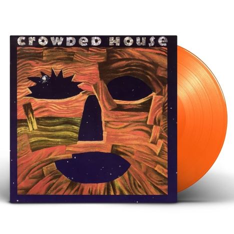 "Crowded House" oben. Illustration eines Gesichtes in warmen Farben auf schwarzem Hintergrund, orangefarbene Vinylplatte.