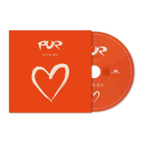 Text: "PUR" und "BLEIB MIR". Ein herzförmiges Design auf rotem Hintergrund mit einer CD daneben.