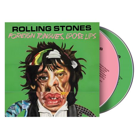 "ROLLING STONES - FOREIGN TONGUES, LOOSE LIPS." Illustration mit verzerrtem Gesicht und zwei CDs, grün und rosa.