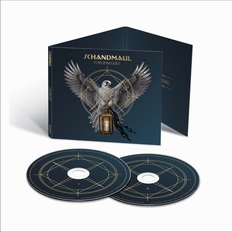 Albumcover und CDs von "Schandmaul: Euch zum Geleit", Adler mit Laterne und geometrischen Mustern in gold auf dunkelblau.