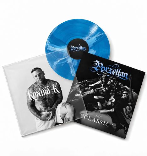 „Kontra K“, „Porzellan – The Classic“. Ein blaues Vinyl mit einem schwarz-weißem Bild von Männern mit Musikinstrumenten.