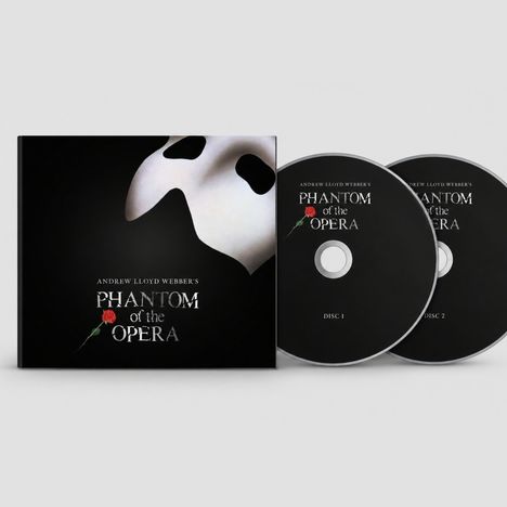 Auf schwarzem Hintergrund steht "Andrew Lloyd Webber’s Phantom of the Opera". Eine weiße Maske und zwei CDs sind zu sehen.