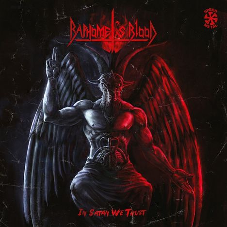 Text: "Baphomet's Blood", "In Satan We Trust", "Speed Metal". Illustration eines dämonischen Wesens mit Flügeln.