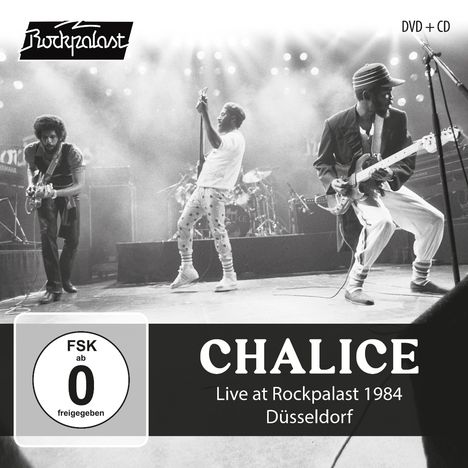 „CHALICE Live at Rockpalast 1984 Düsseldorf.“ Drei Musiker spielen leidenschaftlich auf einer Bühne. Oben links ein Logo.
