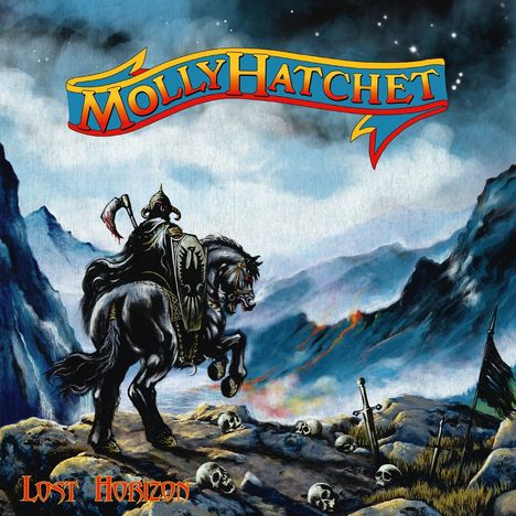 "MOLLY HATCHET" in gelb-roten Buchstaben, "Lost Horizon" in orange. Illustration: Ritter auf Pferd, Berge, Schädel.
