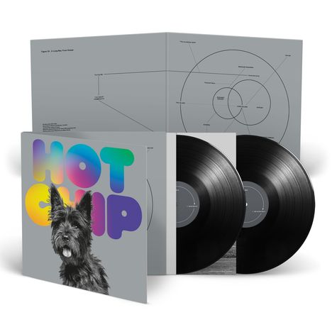 Bunte Schrift "HOT CHIP", darunter ein Bild eines schwarzen Hundes mit herausgestreckter Zunge. Zwei Vinyl-Schallplatten.