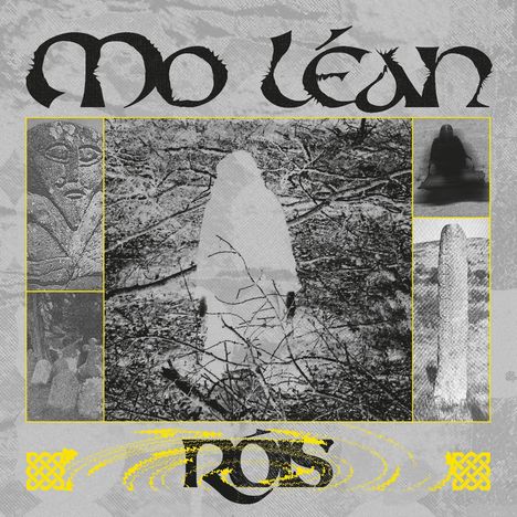 Oben steht "Mo Léon", unten "ROS". Schwarz-weiße, mystische Illustrationen mit steinernen Figuren und Naturmotiven.
