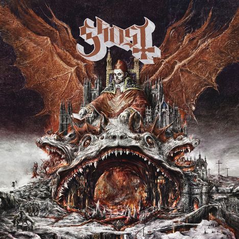 "Ghost" in gotischer Schrift. Illustration: Ein finsteres Wesen mit Flügeln, Kathedralen und Feuer, ein bedrohliches Szenario.