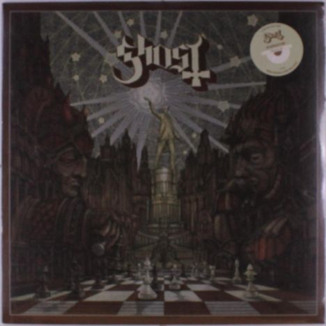 "Ghost" steht oben. Die Illustration zeigt eine Statue, Schachbrettmuster und zwei riesige Köpfe in einer dunklen Szene.