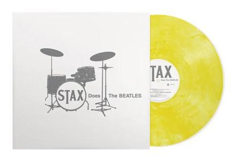 "STAX Does The BEATLES" ist auf einer Schallplattenhülle mit Schlagzeuggrafik zu sehen, daneben eine gelbe Vinylplatte.