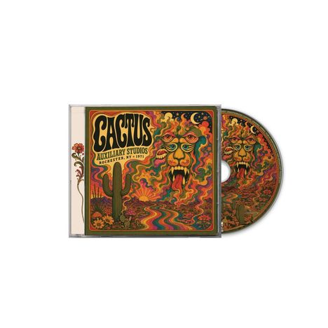 Text: "Cactus Auxiliary Studios Rochester, NY • 1971". Buntes psychedelisches Design mit Löwengesicht, Kakteen und Landschaft.