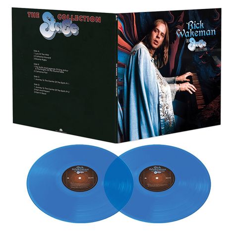 "The Stage Collection" und "Rick Wakeman" sind auf einem Albumcover abgebildet. Zwei blaue Vinylplatten liegen daneben.
