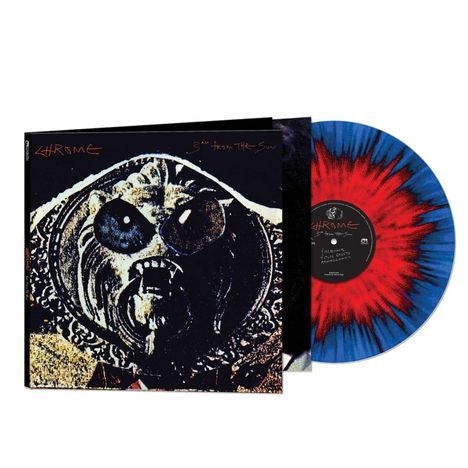 "Chrome", "3rd from the Sun". Eine Schallplatte in Blau und Rot mit einem Cover, das ein futuristisches Gesicht zeigt.