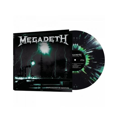 "MEGADETH", "UNPLUGGED IN BOSTON". Schwarze und grüne Schallplatte mit Blitzmotiven. Cover in dunklen Farbtönen.