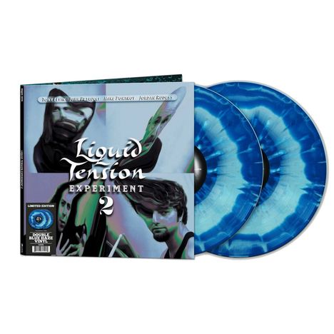 Cover mit "Liquid Tension Experiment 2" und vier Musikerporträts. Zwei blaue Vinyl-Schallplatten daneben.