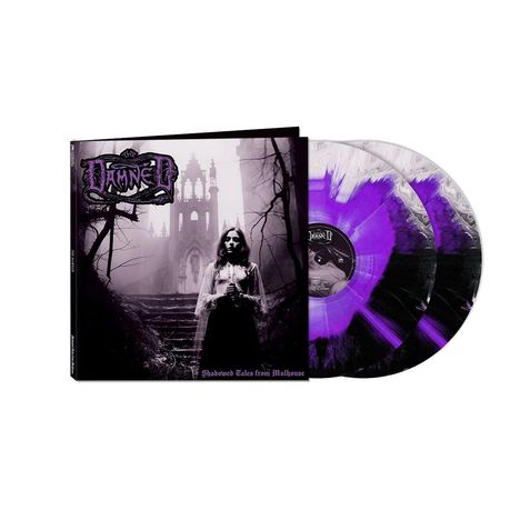 Covertexte: "Dämonen II", "Shadowed Tales from Mulhouse". Schwarz-weiße Szenerie mit Frau vor gotischem Gebäude und zwei farbige Schallplatten.