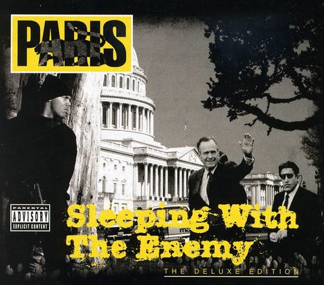 "PARIS" in Schwarz auf Gelb, "Sleeping With The Enemy" in grobem Gelb. Capitol im Hintergrund, drei Männer im Vordergrund.