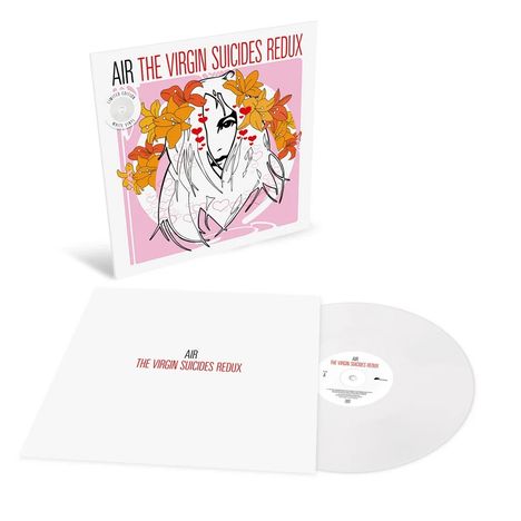 „AIR THE VIRGIN SUICIDES REDUX“ auf Plattenhülle. Illustration: Gesicht mit Blumenkranz und Herzen. Weiße Vinyl-Schallplatte.