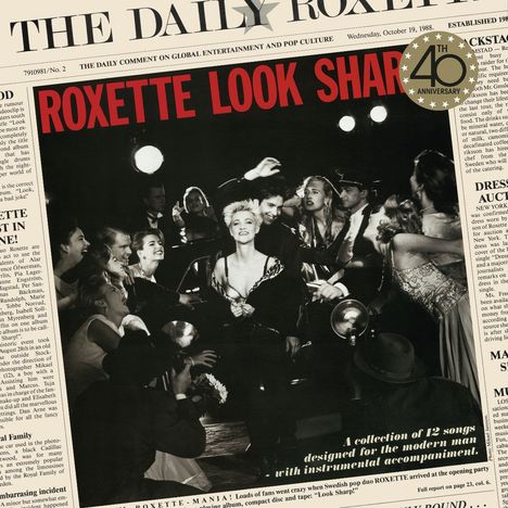 "ROXETTE LOOK SHARP" in großen roten Buchstaben. Illustration im Zeitungsstil mit einer Frau im Mittelpunkt einer Menschenmenge.