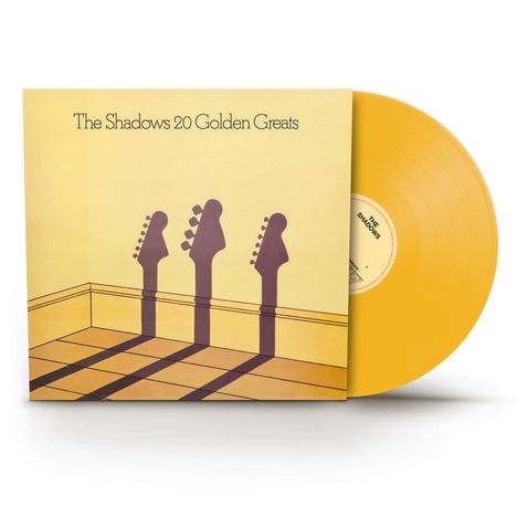 Text: "The Shadows 20 Golden Greats". Gelbe Schallplatte teilweise in einer Hülle mit Gitarrenkopf-Silhouetten.