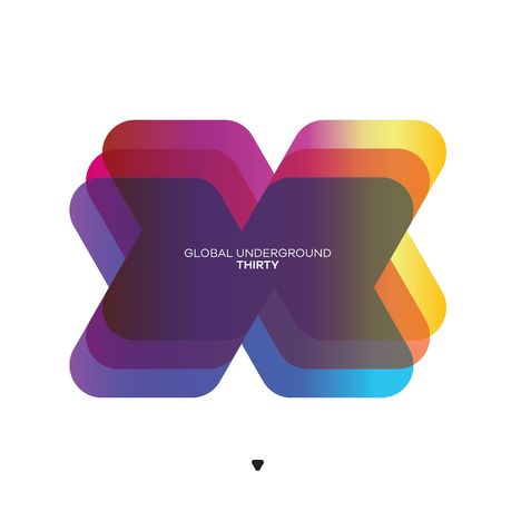 „GLOBAL UNDERGROUND THIRTY“ steht in einem transparenten, bunten X, das aus überlappenden Schichten besteht. Unten ist ein kleiner schwarzer Pfeil.