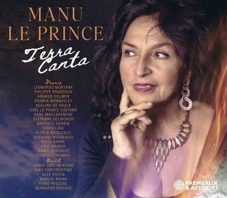 "Manu Le Prince, Terra Carta." Namen wie Leonardo Montana und Jorge Continentino. Rechts eine lächelnde Frau mit Schmuck.