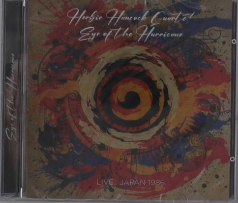 "Herbie Hancock Quartet, Eye of the Hurricane, Live. Japan 1986." Abstrakte spiralförmige Kunst in Rot, Blau, Schwarz.